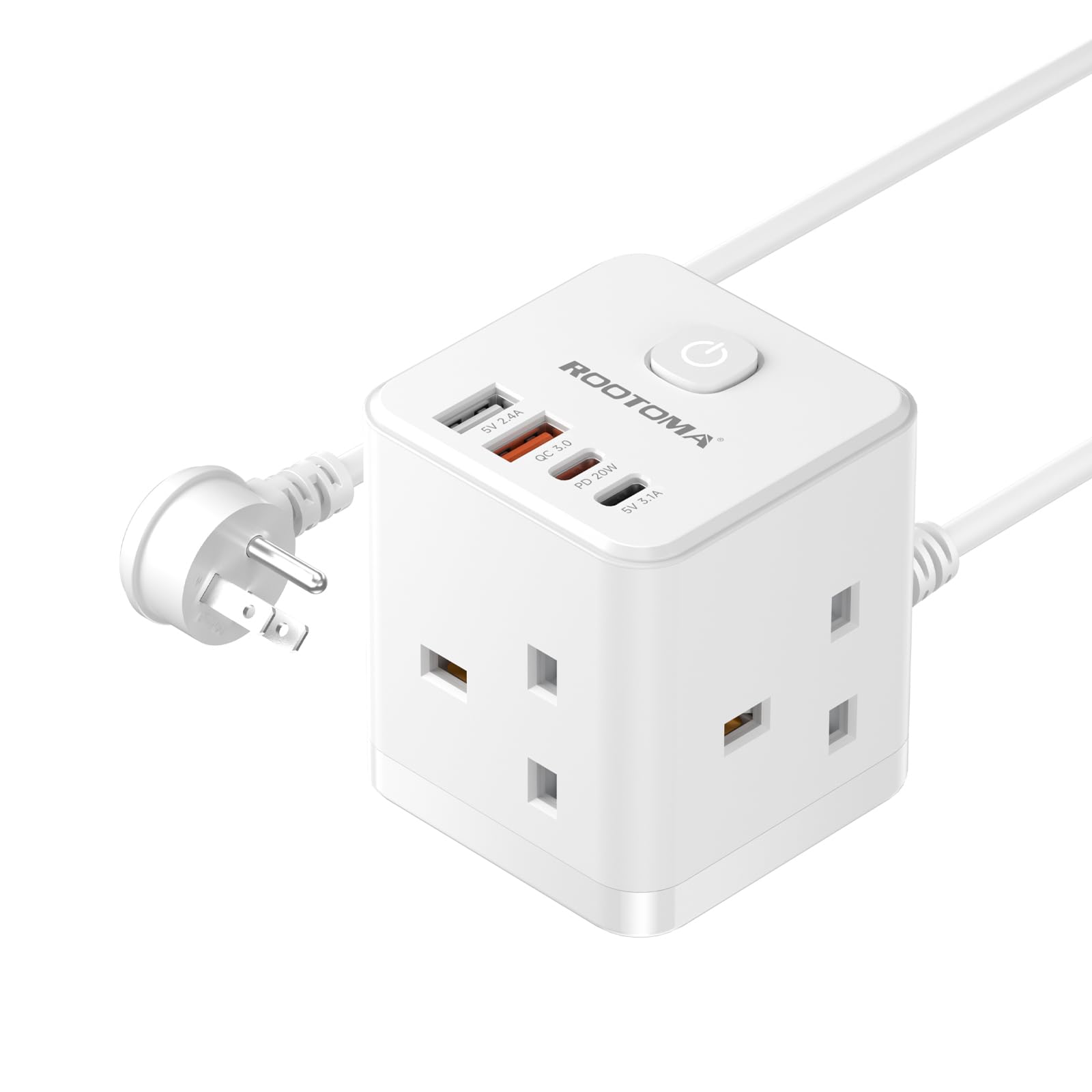 UK to US Plug Adaptor 3 Way 4 Fast Charging USB (QC3.0/PD20W) with 1.5M Extension Cable Compact Cube USA Travel Adapter for American, Thailand, Canada, Mexico, Type B