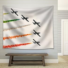 Aerobatics Team in Formation Deploying Smoke - Fabric Wall Tapestry Home Decor - 51x60 inches