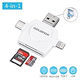 GOLDFOX SD Card Reader, Micro SD TF USB C Card Reader for iPhone iPad Android Mac PC, 4 in 1 Memory Card Reader Adapter Viewer for Trail Game Camera with Micro USB Type C and Standard USB Connector