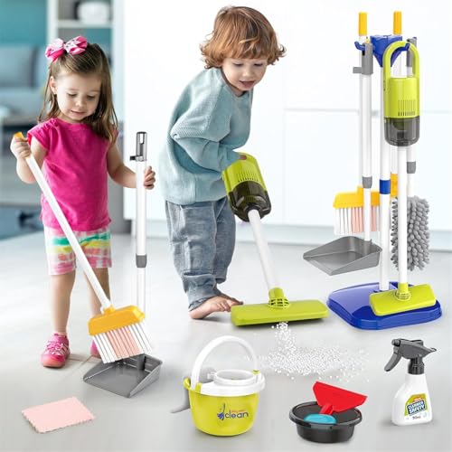 AM ANNA Toddler Toys Cleaning Set, 14Pcs Kids Cleaning Toy Set, Pretend Play Home Playset - Incl.Electric Toy Vacuum, Broom and Dustpan Sets, Mop,Duster and More (Blue)