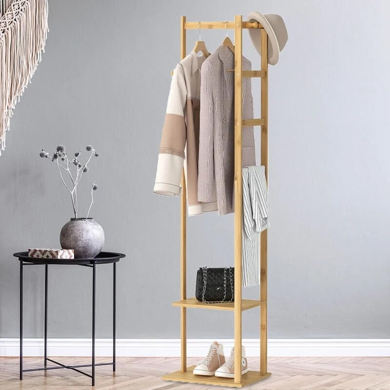 medla Bamboo Clothes Hanger Stand: Wood Cloth Rack with 3 Hanging Hooks and 2 Tier Shoe and Bag Storage Shelves Free Standing Coat Organizer for Hallway Home Office