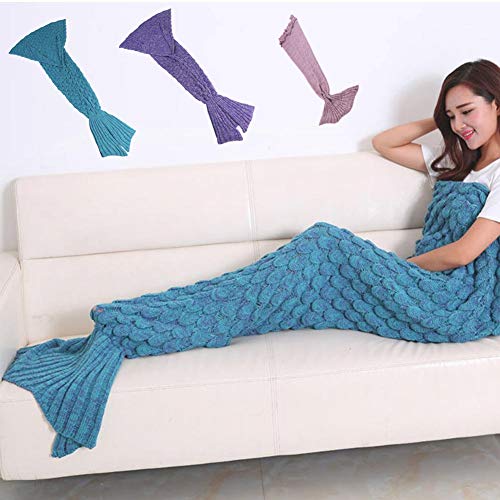 SAM Mermaid Tail Fish Scale Blanket, Adult Child Knitted Mermaid Sofa Blanket, All Season Warm Knit Sleep Blanket Living Room Sleeping Bag Best Birthday 76inch x 36inch(4PCS)