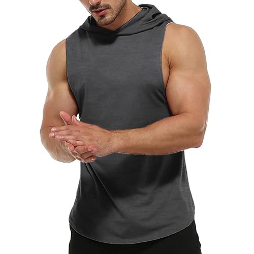 Men's Workout Sleeveless Hoodies Athletic Training Cotton Gym Hooded Tank Tops Sports Bodybuilding Fitness Muscle T Shirts 01 Dark Grey M