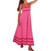 IKADEX Women Summer Sundress Spaghetti Strap Rickrack Floral Smocked Back Boho Flowy A-line Maxi Dress