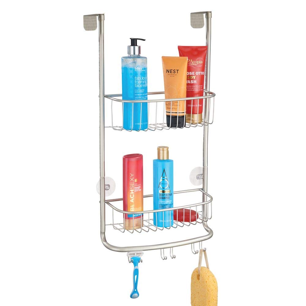 Photo 1 of mDesign Stainless Steel Bath/Shower Over Door Caddy, Hanging Storage Organizer 2-Tier Rack with 6 Hooks and 2 Baskets - Holder for Soap, Shampoo, Loofah, Body Wash, Omni Collection, Satin