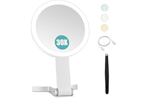 B Beauty Planet 30x/1x Magnifying Travel Mirror with Light, Double-Sided Rechargeable Adjustable Brightness 3 Colour Lighting, Folding, Handheld/Hangable/Tabletop, 3 Ways Using Mirror, White