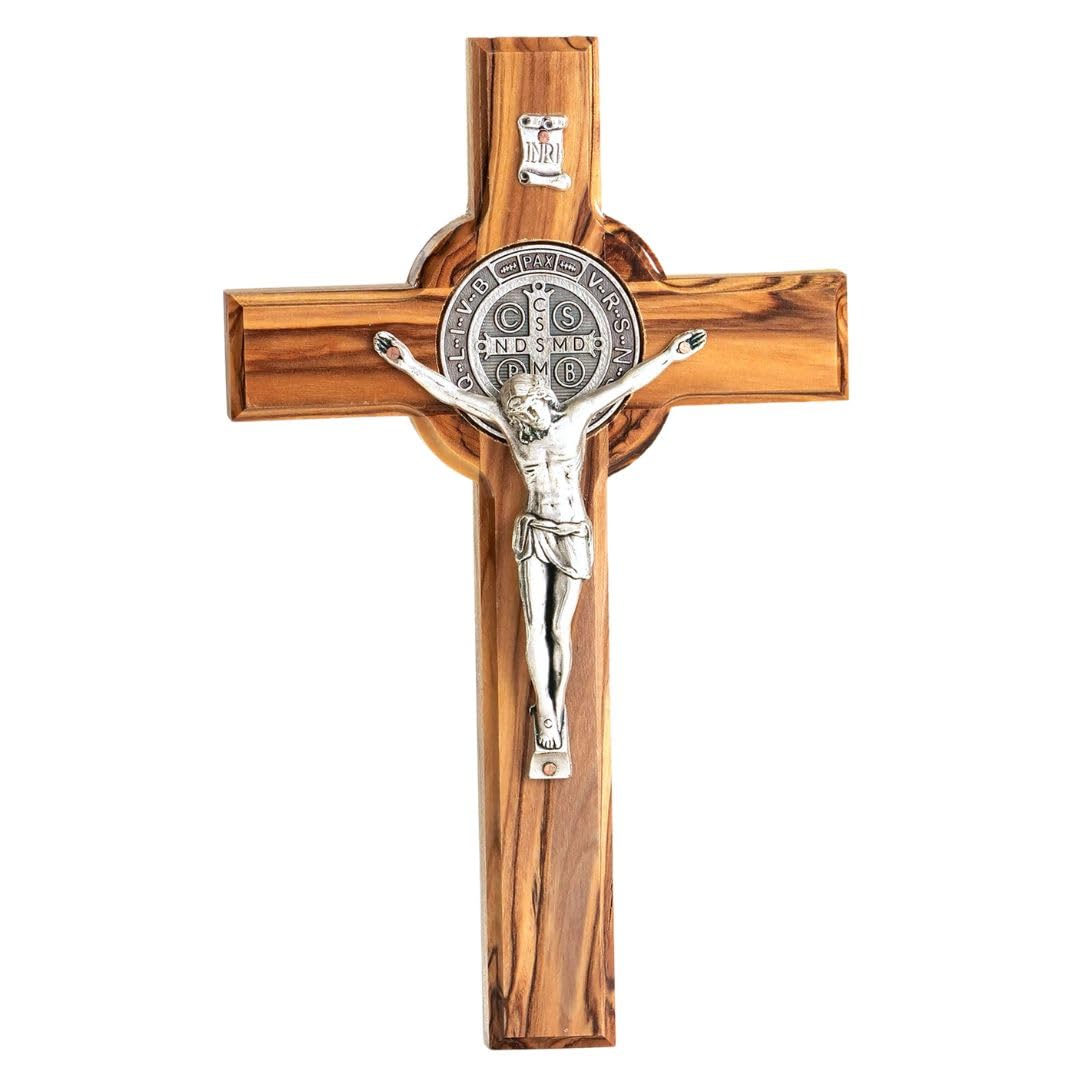 Kassis Olive Wood St. Benedict Cross Wall Cross Crucifix for Confirmation, Communion, Christening, 12-20 cm (16 cm)