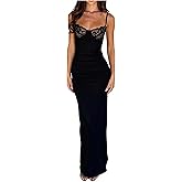 GORGLITTER Women's Floral Lace Sexy Cocktail Dress Spaghetti Strap Backless Bodycon Maxi Dresses