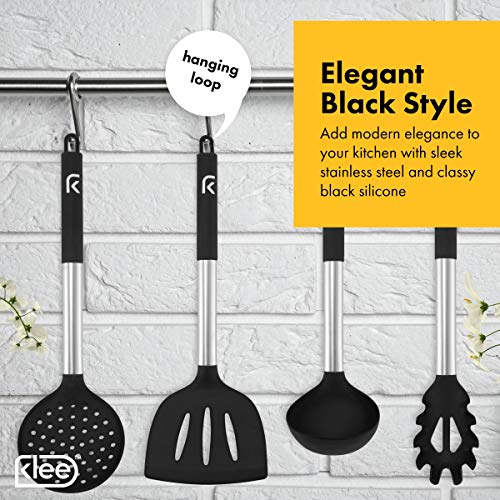Klee 11-Piece Heat-Resistant Silicone Kitchen Utensil Set with Stainless Steel Handles (Black)