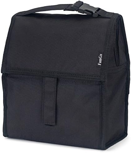 FamGo Black Lunchbag Insulated Cooler Tote with velcro and Zippered Closure, Foldable and Multi-purpose