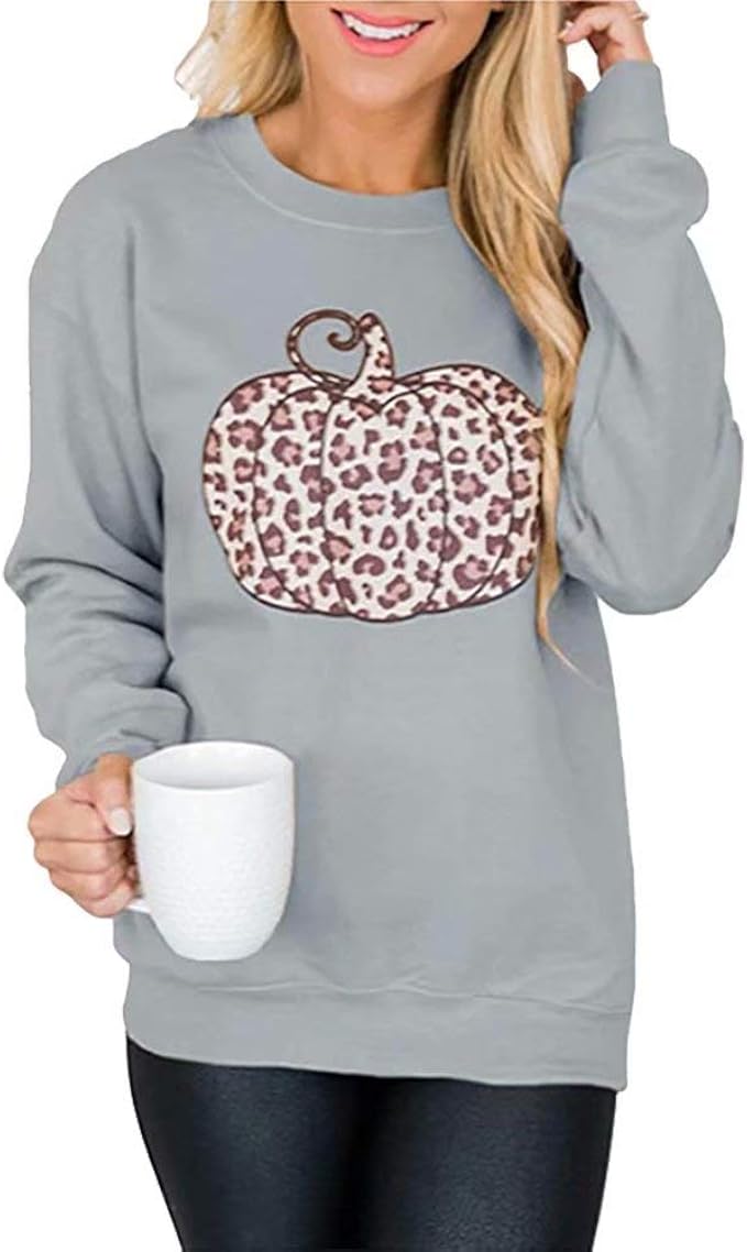 Amazon.com: Womens Leopard Print Pumpkin Graphic Pullover Sweatshirts Halloween Crew Neck Long 
