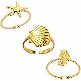 Shell Starfish Ring Set Adjustable 18k Gold Plated Stainless Steel Sea Horse Open Rings for Women Summer Vacation Beach Sea Ocean Rins Fashion Jewelry