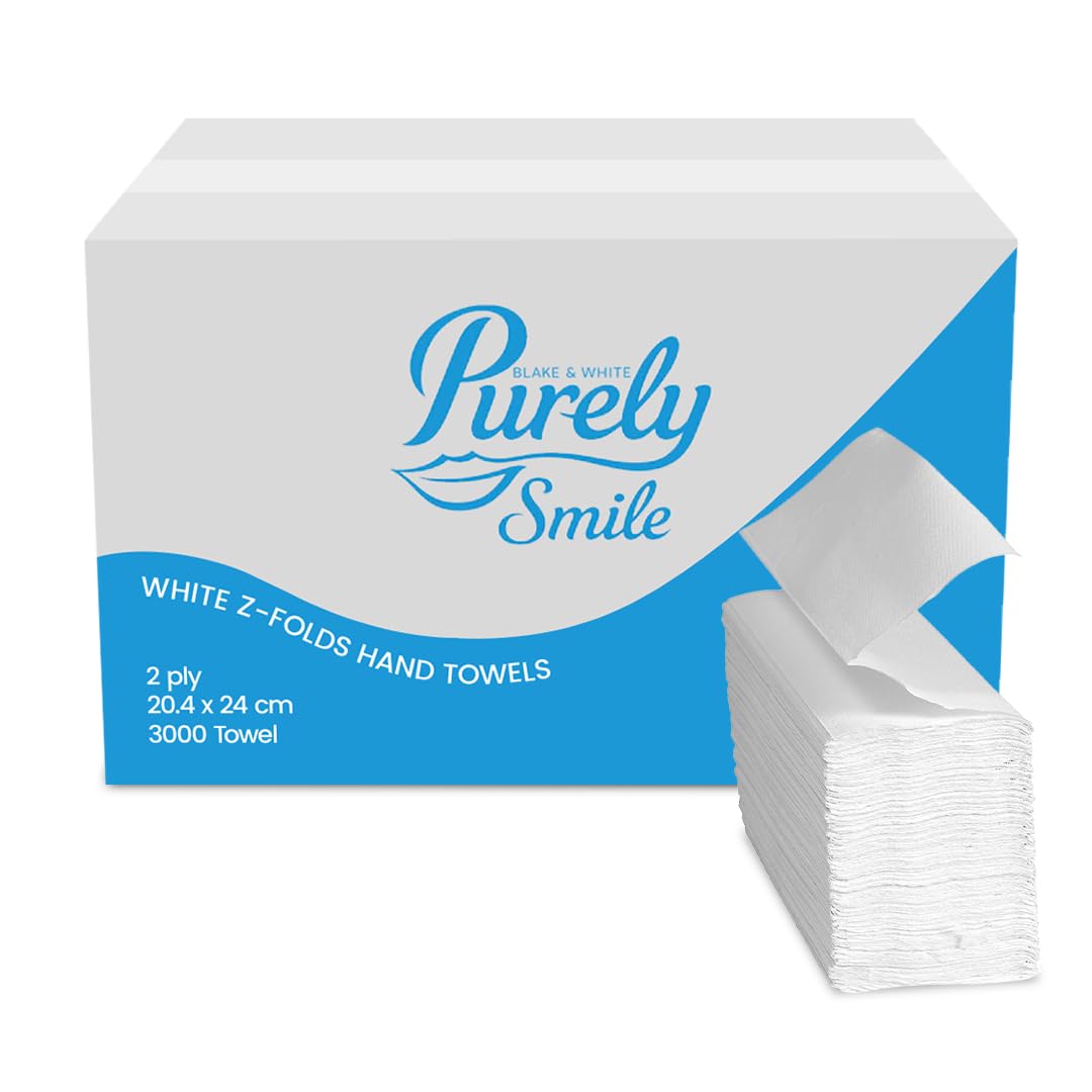 Blake & White Z Fold 2 Ply White Paper Towels PS1001 - Purely Smile Disposable Hand Towels for Dispenser - Ideal for Kitchens, Restrooms, Offices, and Commercial Use | Box of 3000