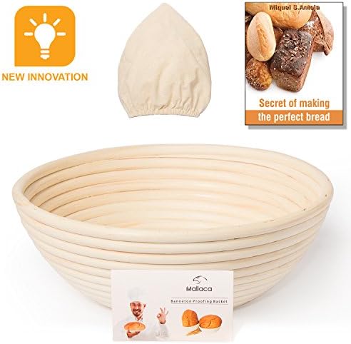 Anti-Mold Mildew NEW INNOVATION 9.5 inch Round Banneton Proofing Basket &amp; Brotform Cloth Liner for Bread Dough Proofing Rising &amp; Bread Making, Natural Rattan Ebook Gift by Mallaca