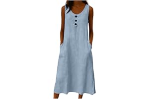 Frostluinai Linen Midi Dresses for Women Summer Solid Boho Beach Dress Crew Neck Sleeveless Sundresses with Pockets