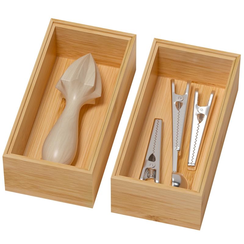 Photo 1 of Lixple Bamboo Drawer Organizer, Small Silverware Organizer for Kitchen Drawer, Stackable Utensil Tray, 2 Pcs Flatware Organizer, Bamboo 6" x 3" x 2" (Outer), 5.3" x 2.3" x 1.77" (Inner)