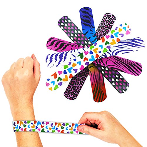 [Novelty Place] Animal/Heart Print Slap Bracelets Party Wrist Strap for Adult Teens Kids – 9″ Assorted Colors (Pack of 25)