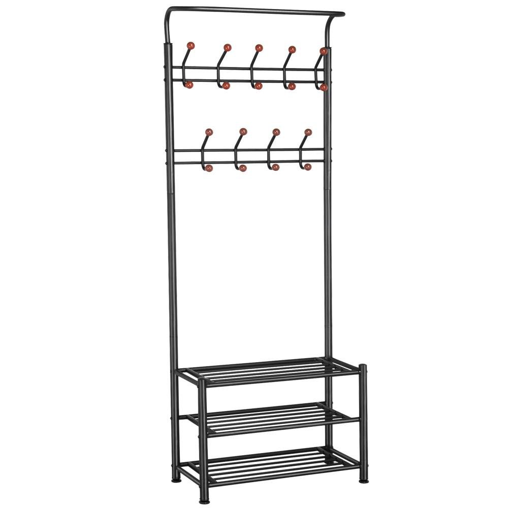 Yaheetech Metal Multi-purpose Garment Rack Coat Clothes Stand 3-Tier Shoes Rack Umbrella Stand With Hanging Hooks Black