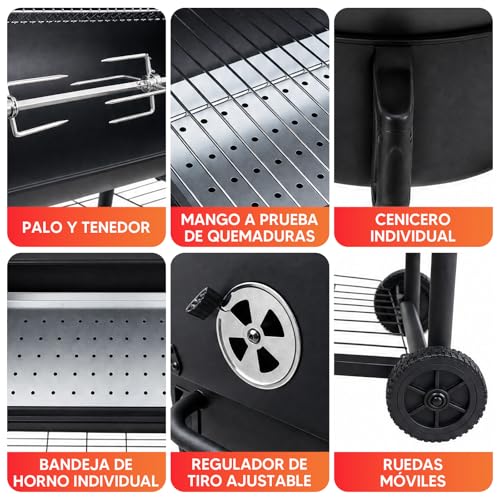 Asador de Carbon Portatil Tenedor automático para barbacoa,Asadores Parrilla de Carne Carbon con Mesa Frontal Lateral para Especia Alimento Accesorios para Asador,Empotrable Parrilla para Asar 2 Capas