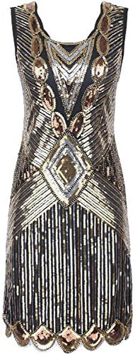 worlsky fashionable Women's 1920s Gatsby Sequin Art Deco Scalloped Hem Inspired Flapper Dress Gold10/12