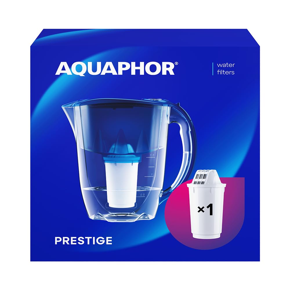 AQUAPHOR Water Filter Jug Prestige I 1 X A5 Filter Included I Capacity 2.8l I Fits in the fridge door I Reduces Limescale Chlorine & Microplastics Blue