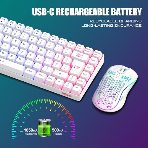 RedThunder K84 75% Wireless Gaming Keyboard and Mouse Rainbow Backlight UK Layout 85 Keys TKL Ultra Compact Mini Design Lightweight Honeycomb Gaming Mouse for PC Mac PS5 Xbox Office Gamers (White)