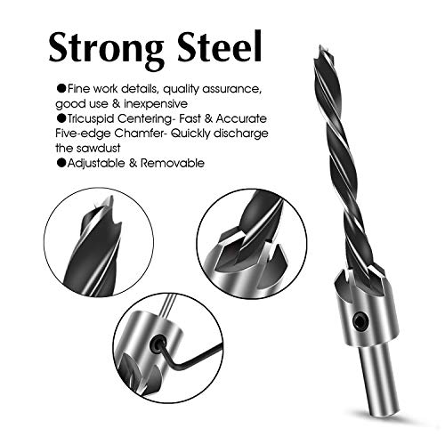 7PCS Countersink Drill Bit Set with Hex Key,ZINMOND Woodworking Chamfer Adjustable High Speed Steel Carbon Titanium Carpentry Reamer Plated for Wood DIY (3mm-10mm)