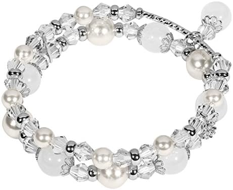 Tomazon Fashion Handmade Faux Pearl Beaded Crystals Stretch Elastic Wrap Around Wrist Bracelet Bangles for Women Girls (3 rows - white)