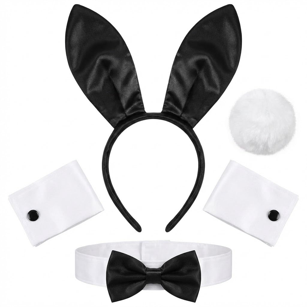 Toumett 5 Pcs Bunny Costume Adult Women - Classic Easter Bunny Costume for Ladies - Sexy Bunny Girl Fancy Dress Set with Ears,Collar,Cuffs & Tail for Easter Party,Cosplay,Hen Night,Halloween