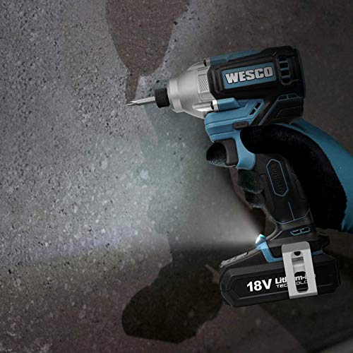 Clé à Choc sans Fil, WESCO 18V 2.0Ah Visseuse à Choc sans Balais, 2.0Ah Batterie, Chargeur rapide d\'une heure, 180 Nm, 0-3600 bpm, 6.35mm (1/4\