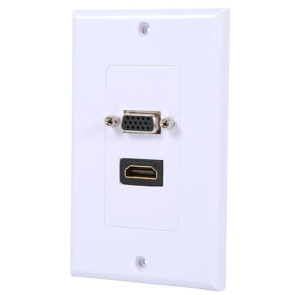 Female HDMI VGA Wall Plate, Pass Through Wall Outlet Video Socket Face Connector Plate Panel White(1 HDMI & 1 VGA)