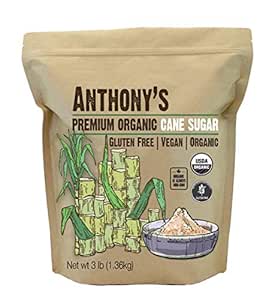 Anthony's Organic Cane Sugar, 3 lb, Granulated, Gluten Free &amp; Non GMO