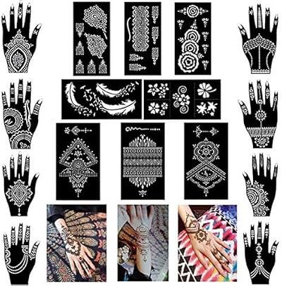 XMASIR 16 Sheets Hand Tattoo Stencil Kit Reusable Temporary Indian Arabian Body