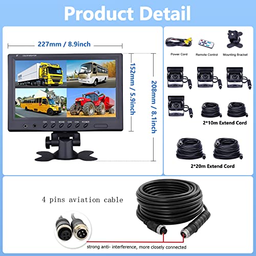 Vehicle Reversing Camera - Camecho 9"/9 Inch Monitor 4 Split Front View, Rear View Camera Truck 18 IR Waterproof Night Vision with 0.6 x 10.1 m and 0.6 x 19.8 m Cables for RV, Trailer, Bus