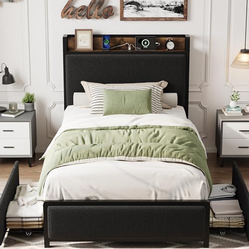 Twin Size Bed Frame with 2 Storage Drawers & USB Charging Station, Rustic Linen Upholstered Platform Bed, Heavy Duty No Box Spring Needed, Easy Assembly, Noise Free, Black