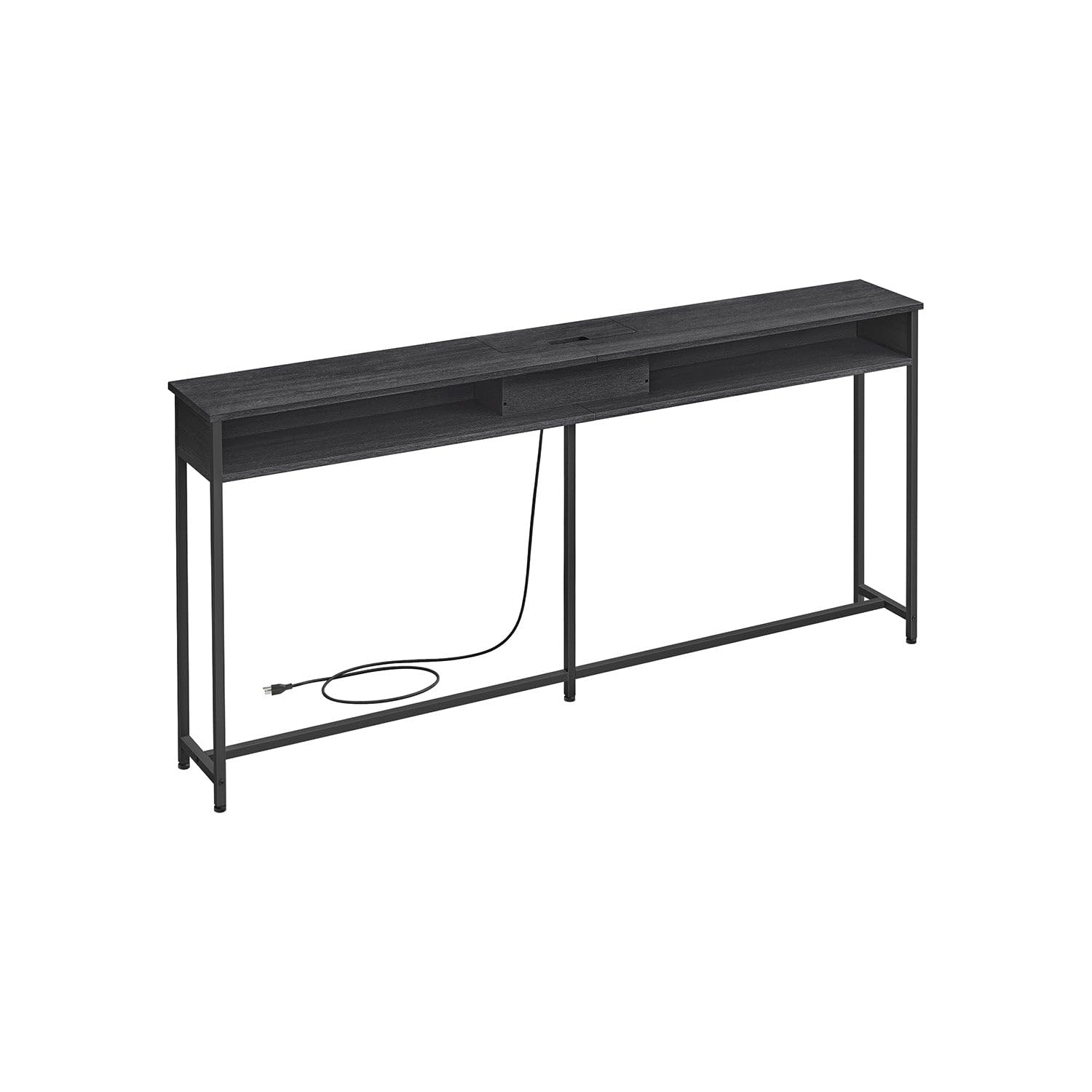 70 Inch Console Table with Outlet and Shelves, Sofa Table with Hidden Charging Station, Behind Couch Table Skinny, Long Entryway Table for Hallway, Living Room, Black