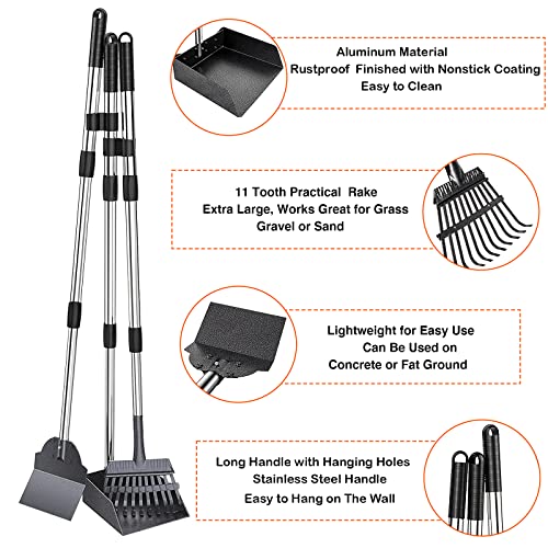 FAVOR MOVE Dog Pooper Scooper, 3 Pack Metal Pet Poop Extra Large Tray, Rake and Spade Set with Adjustable Long Handle for Large and Small Dogs Waste Removal Scooper, Great for Lawns, Grass, Gravel