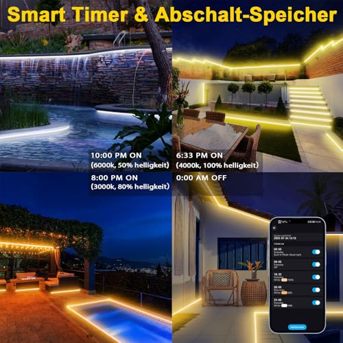 LED Strip Outdoor Use, Warm White to Cool White, Dimmable, Outdoor LED Strip, Alexa Compatible WiFi App & Remote Control, 24 V LED Strip, IP67 Waterproof Tape, Self-Adhesive for Kitchen, Patios (15 m)