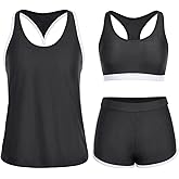 Yonique 3 Piece Athletic Tankini Swimsuits for Women with Shorts Swim Tank Tops with Sports Bra and Boyshorts Bathing Suits