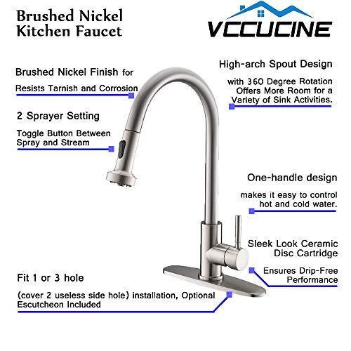 VCCUCINE Commercial High Arc Stainless Steel Single Handle Pull Down Sprayer Brushed Nickel Kitchen Sink Faucet,Pull Out Kitchen Faucet with Escutcheon