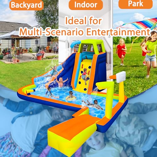 RETRO JUMP Inflatable Water Slide 8 in 1 Bounce House for Kids Backyard Waterslide with Slide,Climbing Wall,Splash Pool,Basketball Rim,Sprinkles,Water Gun,480W Blower Included,Water Park for Summer