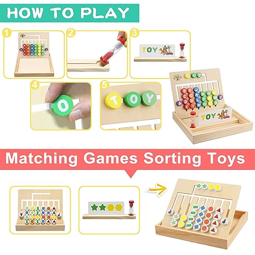 Wooden Montessori Toys for Kids 2 3 4 5 6 7 8 Years Old, Alphabet Learning Toys with 34 Cards, Color & Shape Matching Slide Puzzles Brain Teaser Logic Board Games for Preschool Kindergarten Homeschool