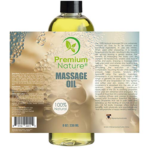 Massage Essential Oil Skin Therapy - 8 oz Grapefruit & Lemongrass Scent Natural Hypoallergenic Sensual Relaxing Oil - No Greasy Residue - Aromatherapy For Skin Muscles & Body - Premium Nature
