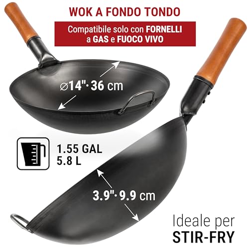 YOSUKATA Professional Wok Pan 36 cm – Traditional Round Base in Preconditioned Carbon Steel – Original Chinese – Large Pot – Compatible with Gas and Open Fire (Black)