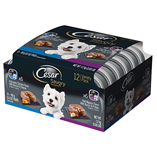 CESAR SAVORY DELIGHTS Variety Pack Rotisserie Chicken Flavor With Bacon and Cheese & Filet Mignon Flavor With Bacon and Potato Dog Food Trays 3.5 ounce (Pack of 24)