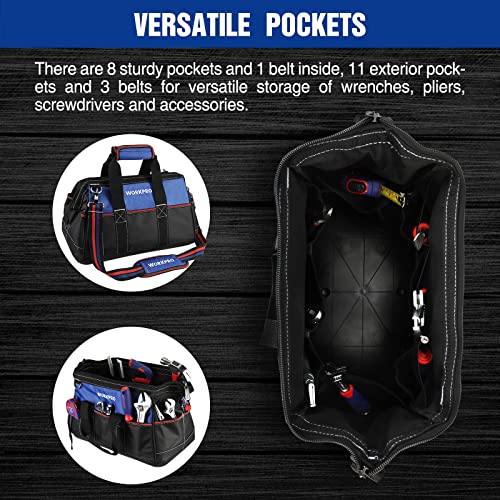 WORKPRO 16-inch Wide Mouth Tool Bag for Men, Heavy Duty Cloth Tool Storage Bag with Water Proof Molded Base, Adjustable Shoulder Strap