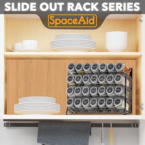 BOOM Spice Rack Organizer, 4-Tier Spice Organizer with 28 Empty Spice Jars and 432 Spice Labels, Organizer for Cabinet for Cabinet, Countertop, Pantry, Cupboard or Door & Wall Mount