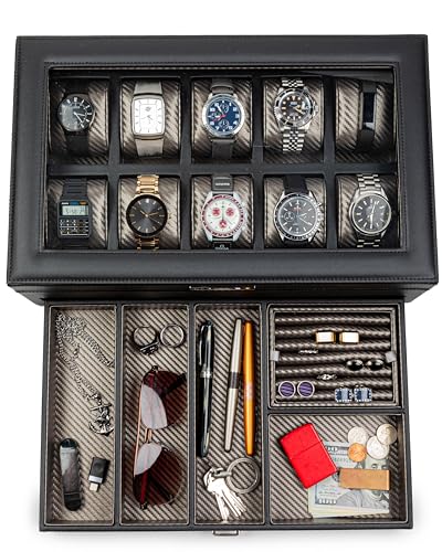 HOUNDSBAY Yachtsman Watch Box Organizer | Luxury Jewelry Organizer with Drawer, Ring Tray & Glass Lid | Great EDC Display Case for Storage | Ideal Gift for Men