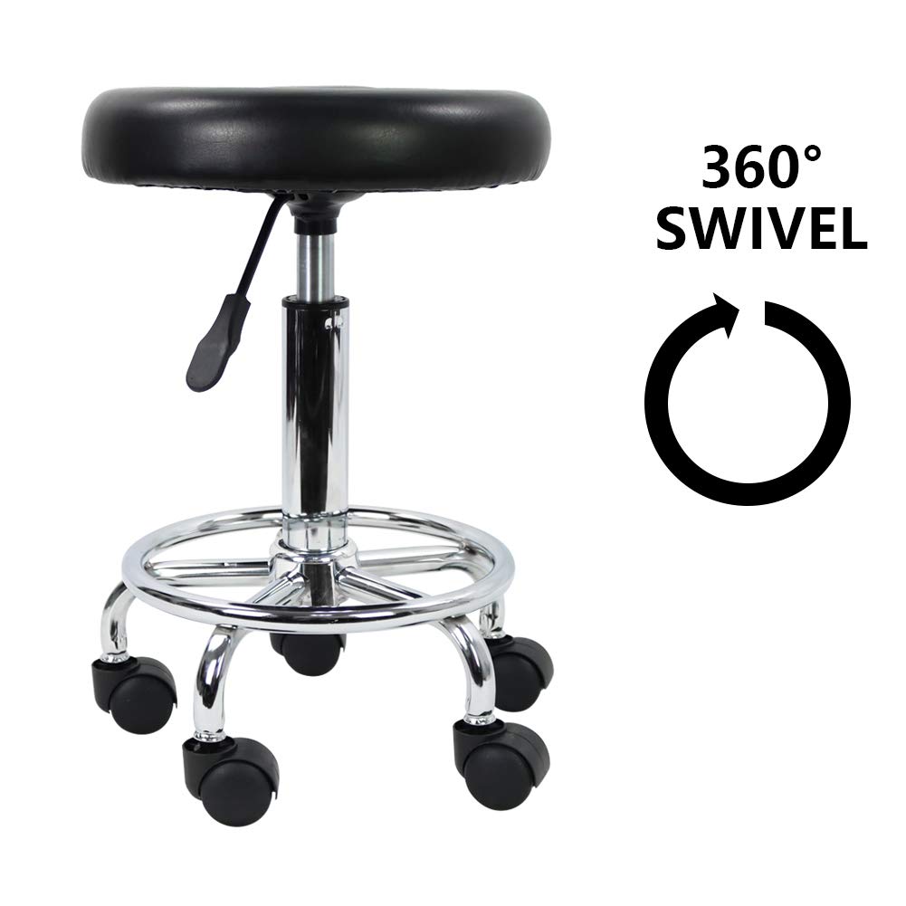 KKTONER PU Leather Modern Round Rolling Stool with Footrest Height Adjustable Spa Drafting Salon Tattoo Work Massage Stools Task Chair Small (Black): Furniture & Decor