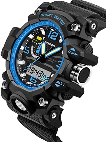 Boys Sport Watch Waterproof Multifunction Analog Digital Alarm LED light Wristwatch Black+Blue